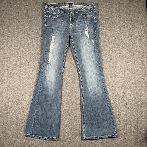 Amethyst Denim - Amethyst Jeans Juniors 11 Y2K Low Rise Distressed Flare Thick Stitch Flap Pocket